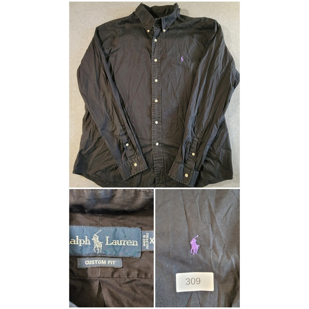 Polo Ralph Lauren Mens XL Black Custom Fit Button Down Shirt Purple Pony Logo